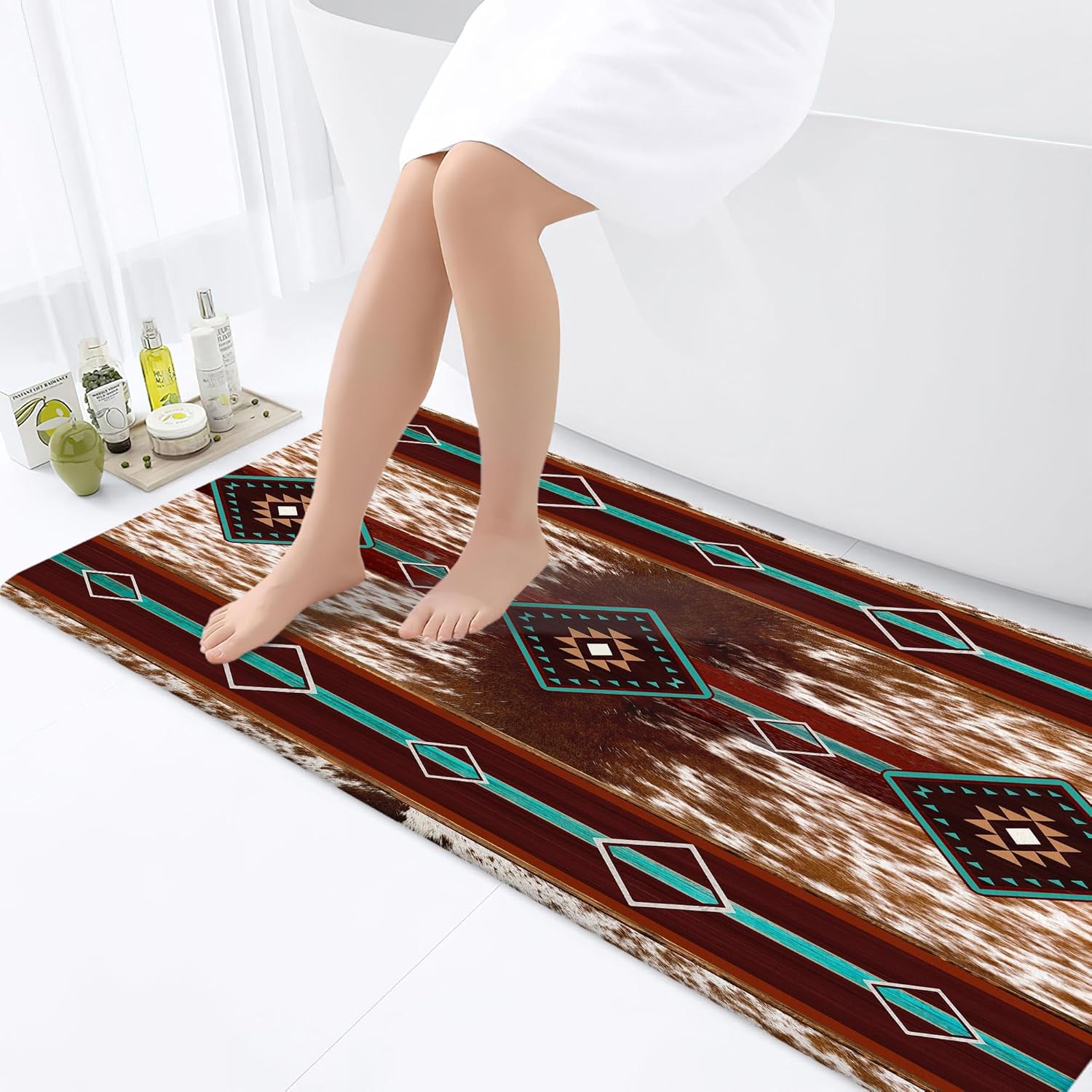 JAWO Western Aztec Bath Mat Red Brown Faux Cowhide Pattern
