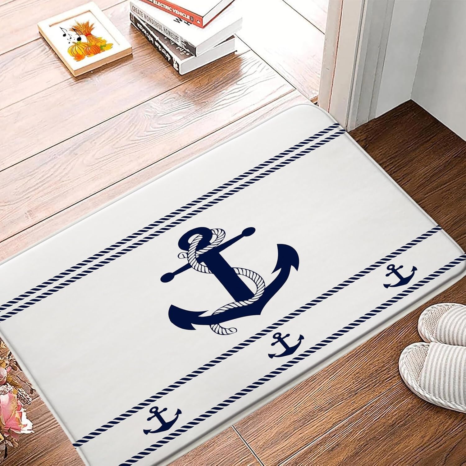 Nautical Anchor Bath Mat Navy Blue White Striped
