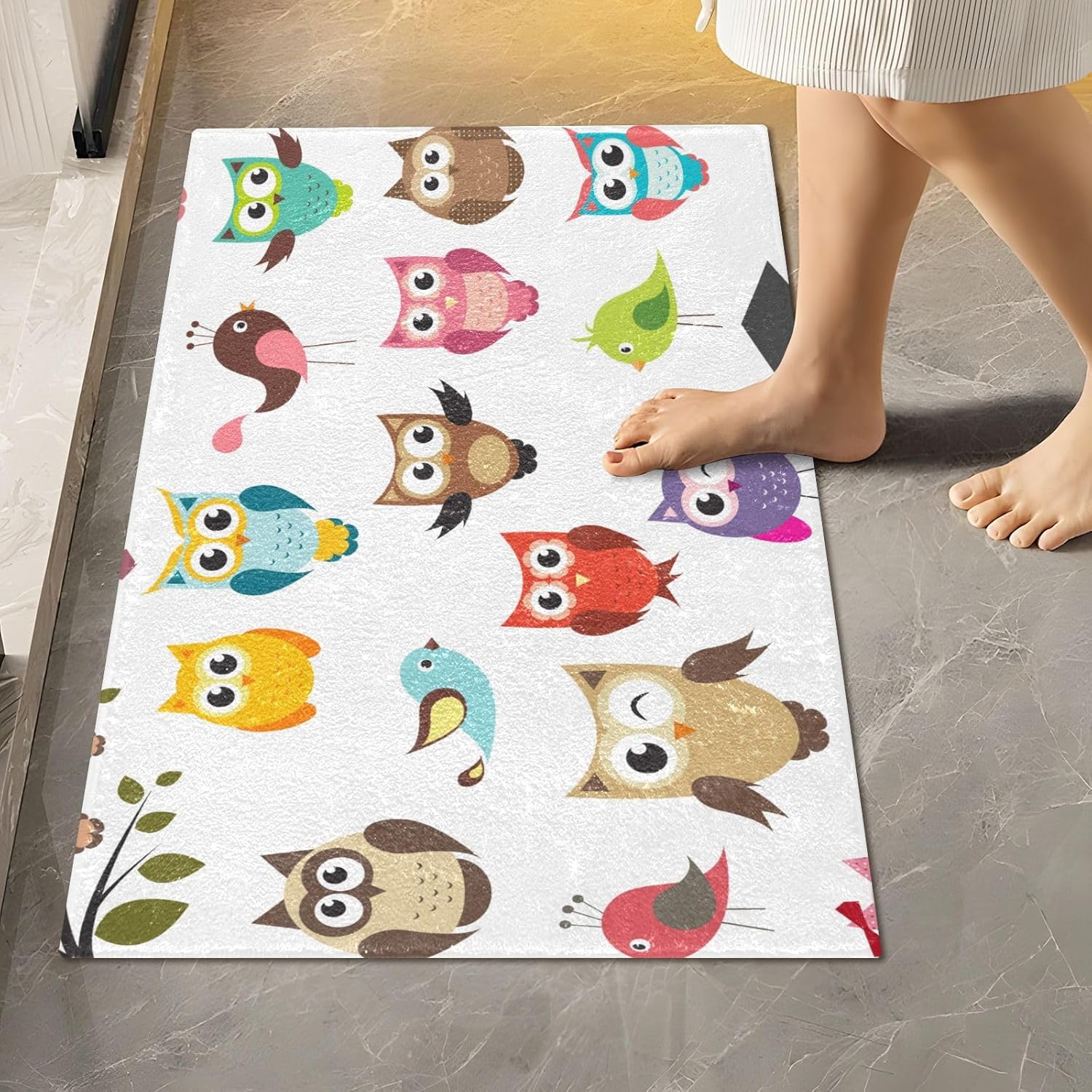 YETTASBIN Cute Owl Bath Mat - Non-Slip Quick Dry Shower Rug 16x24in