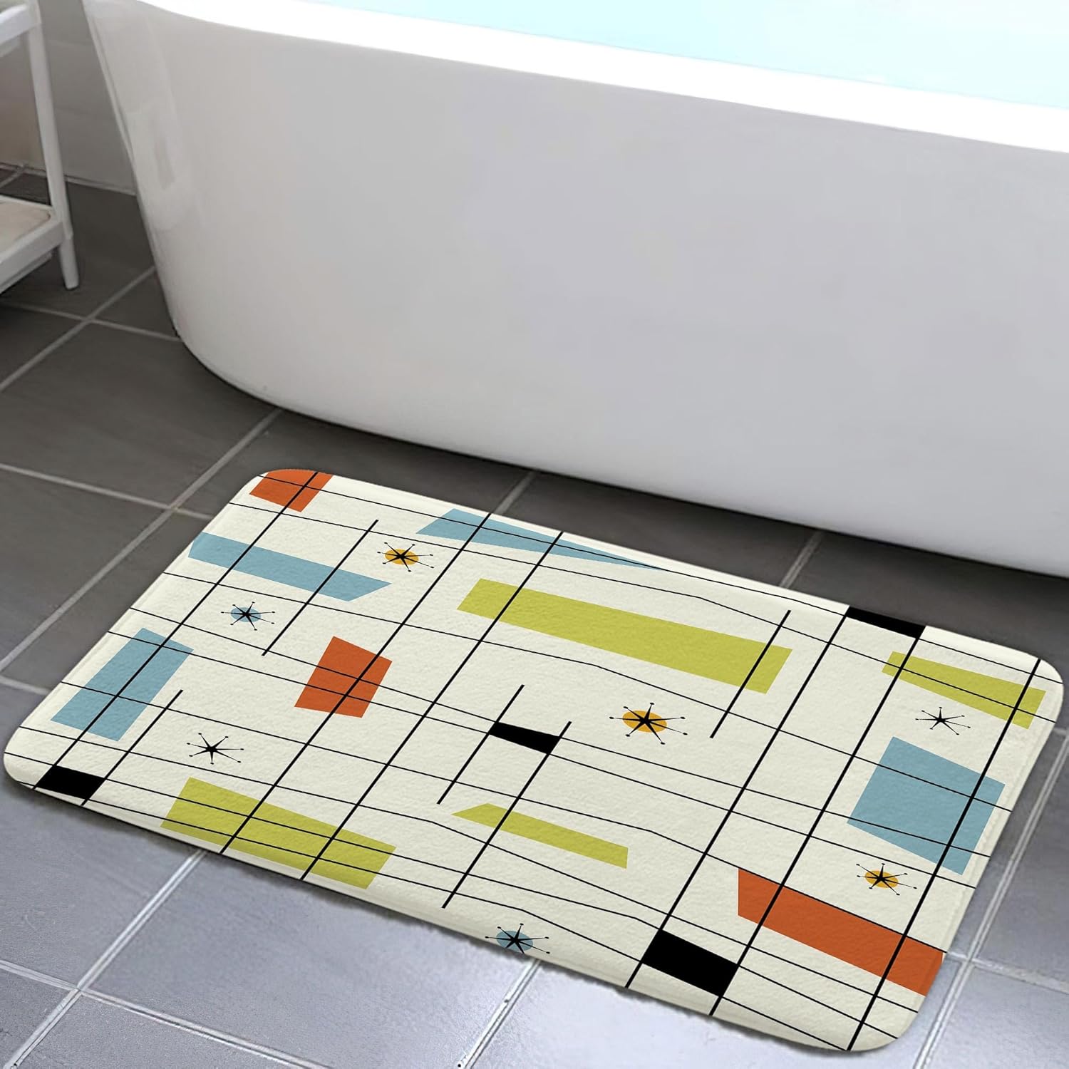 Mid Century Kitchen Bath Rug 16x24 Inch Teal Blue Grid Starbursts
