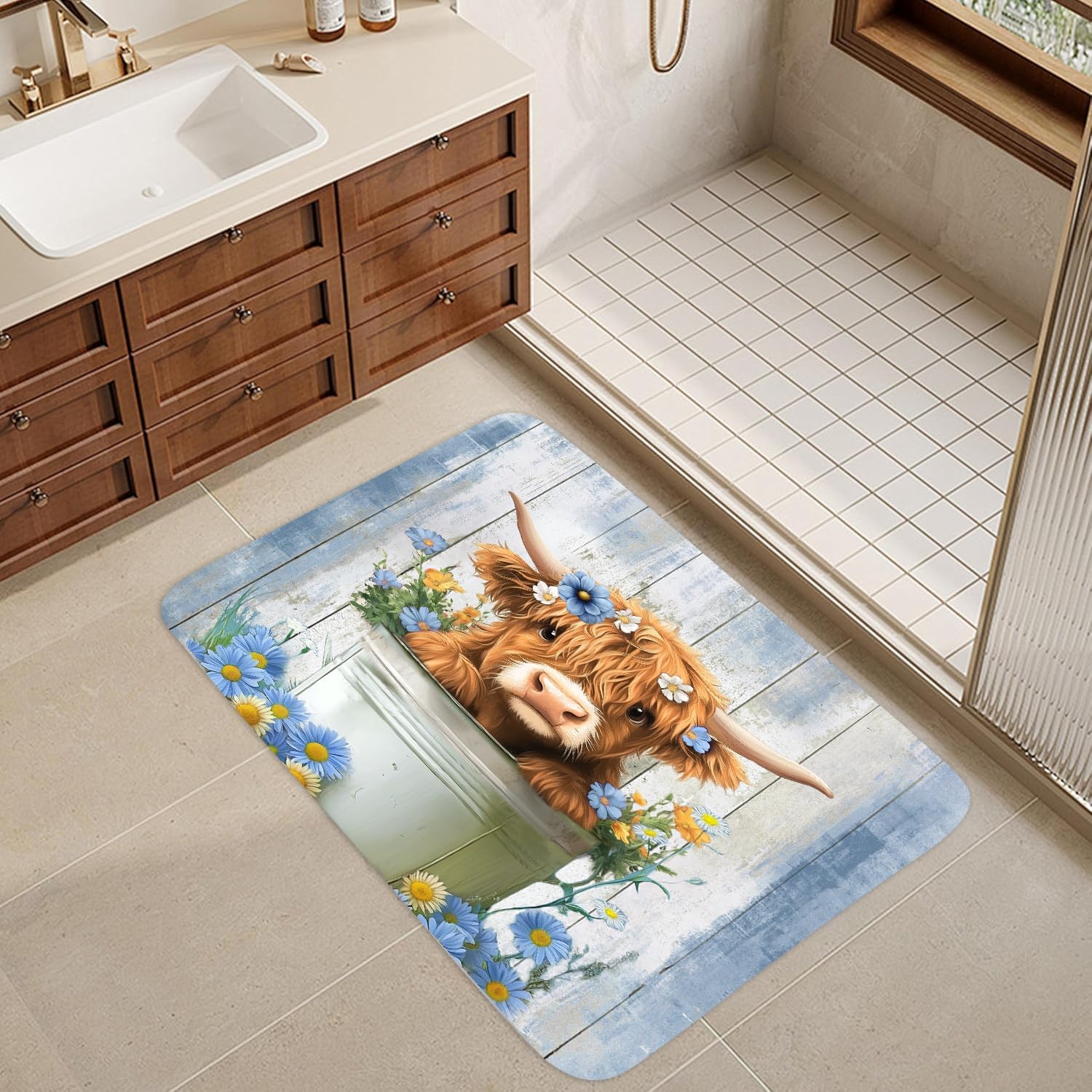Funny Highland Cow Bath Rug Farmhouse Style 16x24in