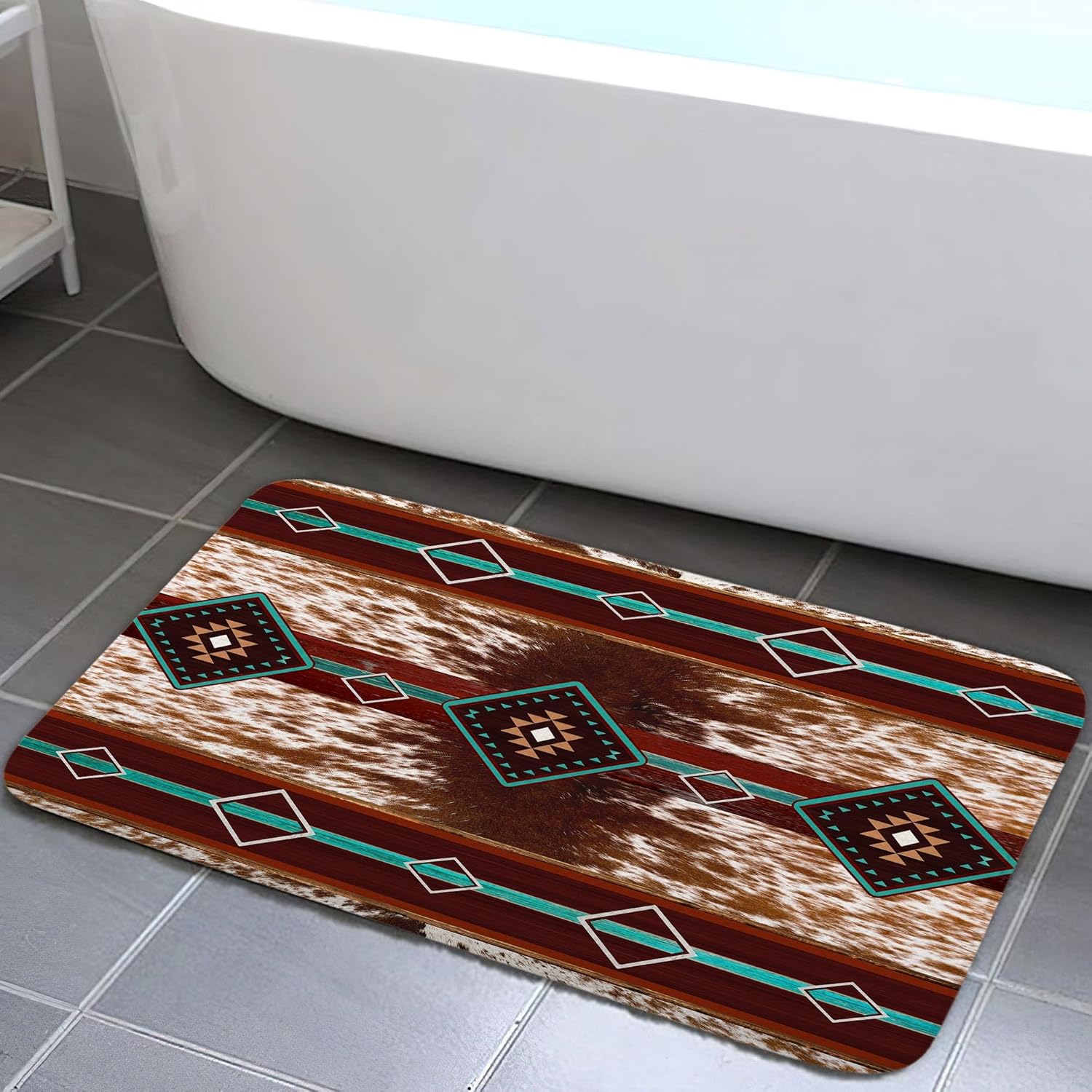 JAWO Western Aztec Bath Mat Red Brown Faux Cowhide Pattern