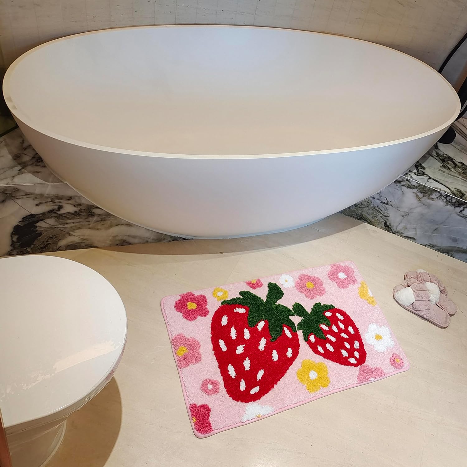 Cute Strawberry Flower Bath Mat Pink Bathroom Rug