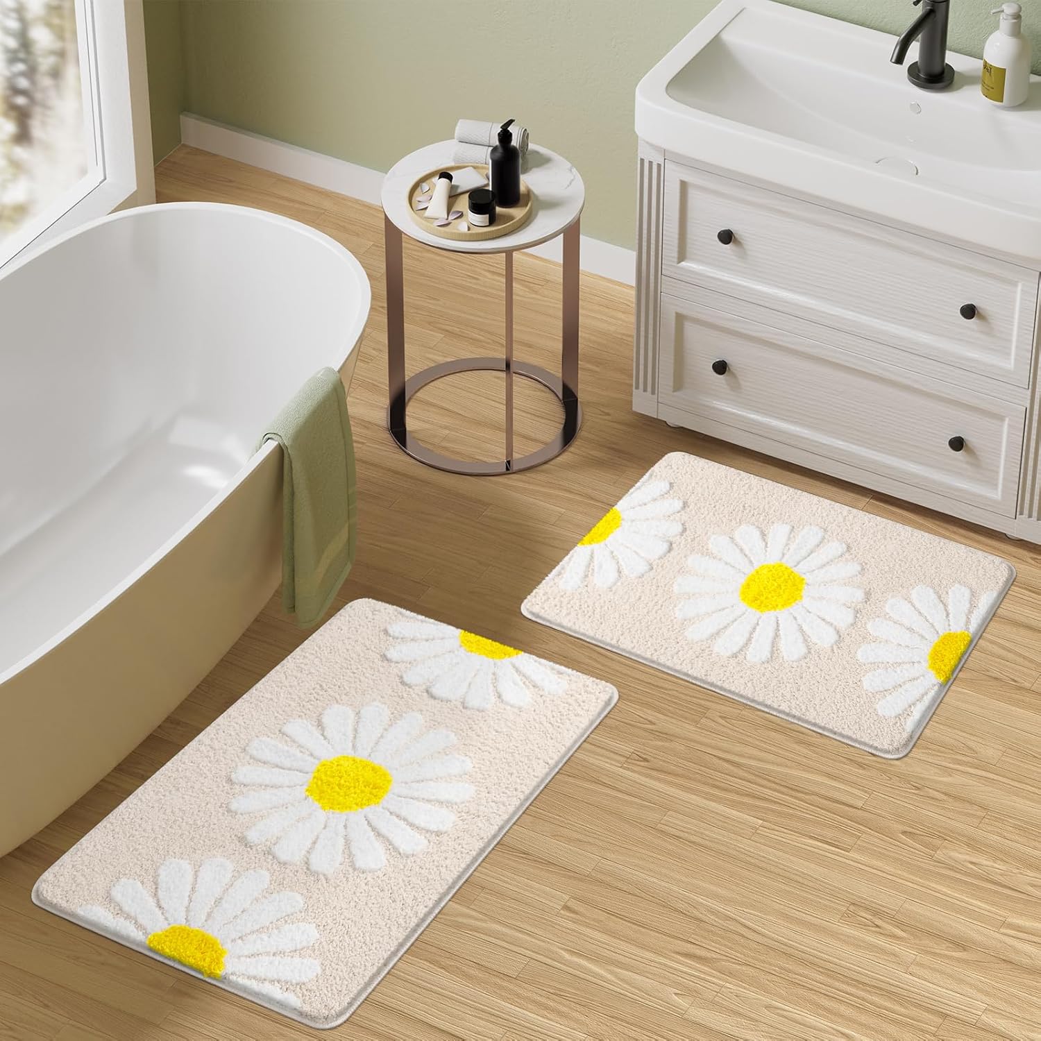 Beige Flower Bath Rug 3D Shaggy Non-Slip Mat 18x26 Inches