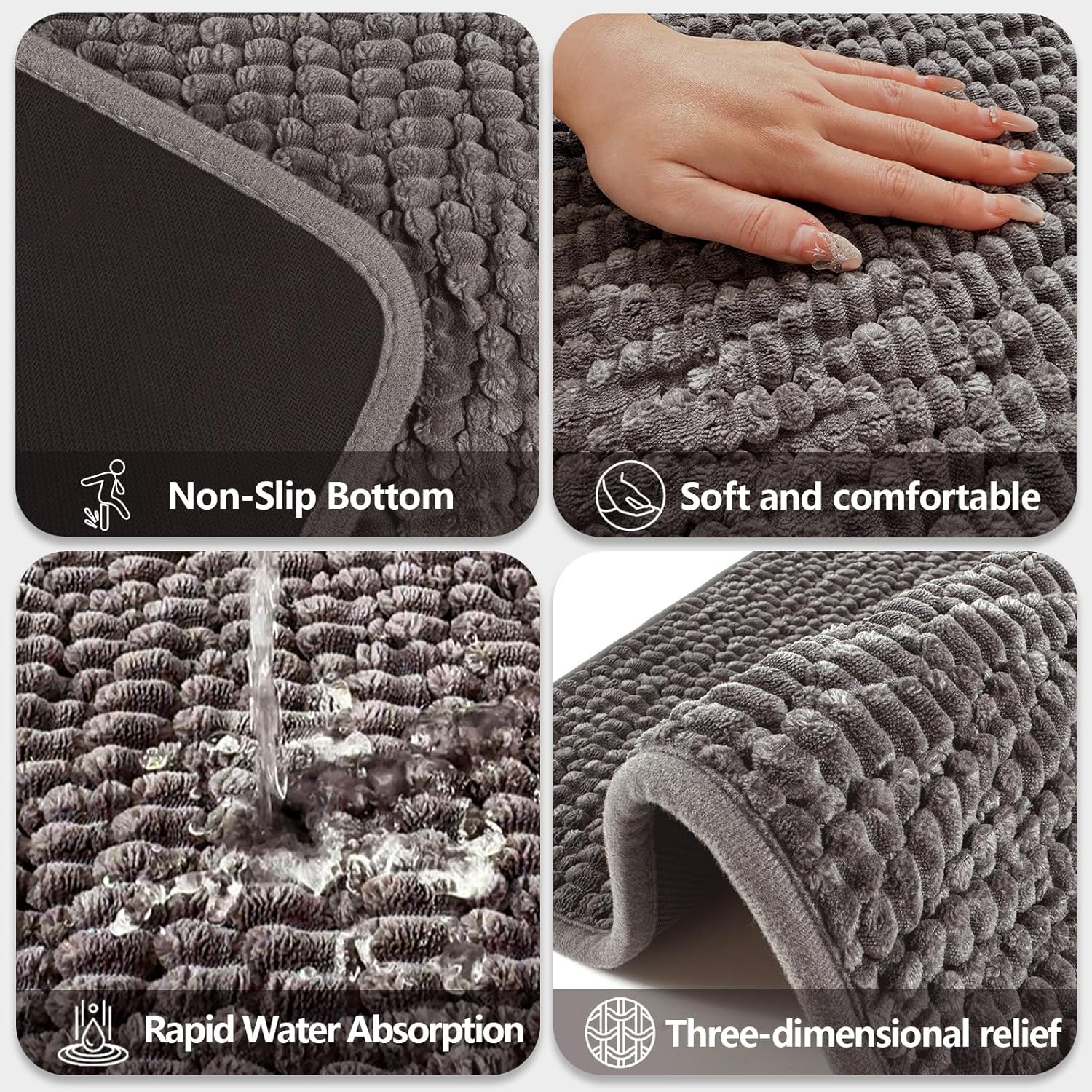 HAPACE Non-Slip Bath Mat 17x24 Grey Thick Microfiber