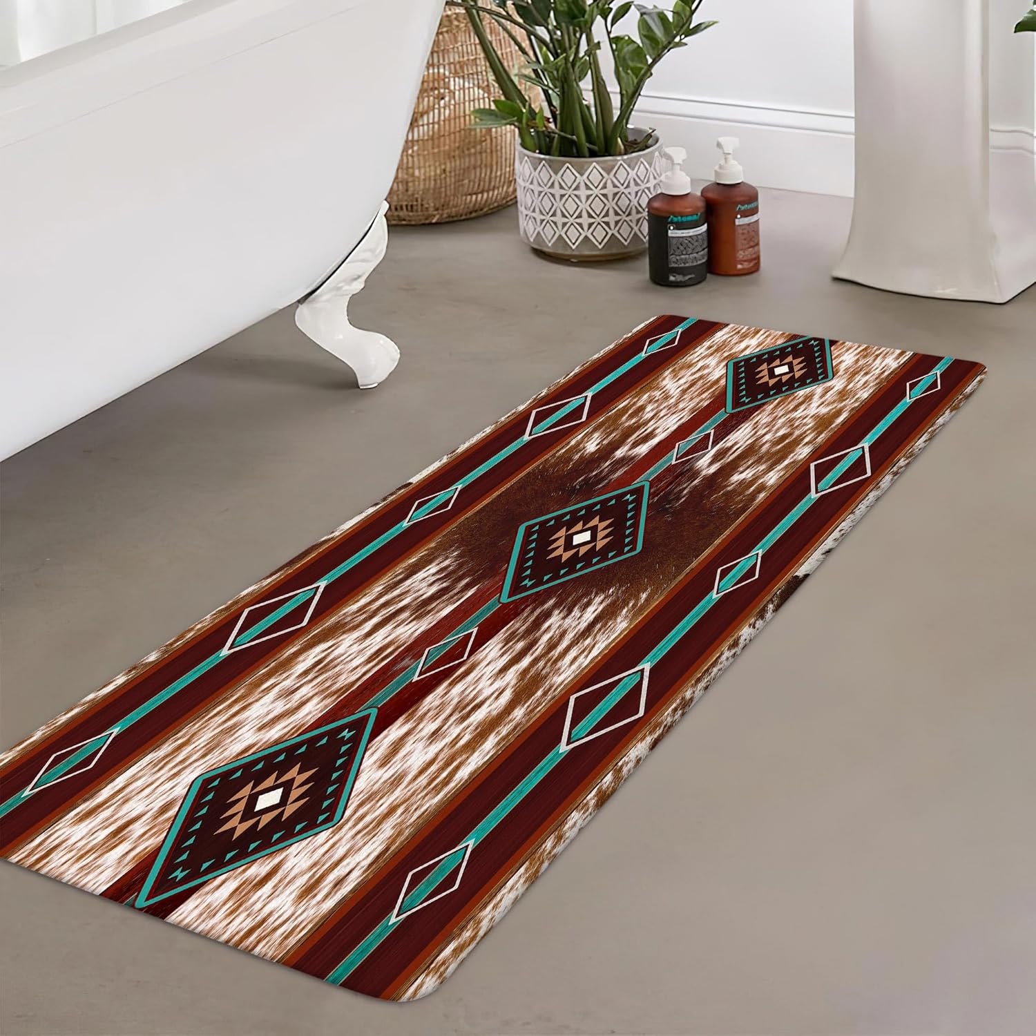 JAWO Western Aztec Bath Mat Red Brown Faux Cowhide Pattern