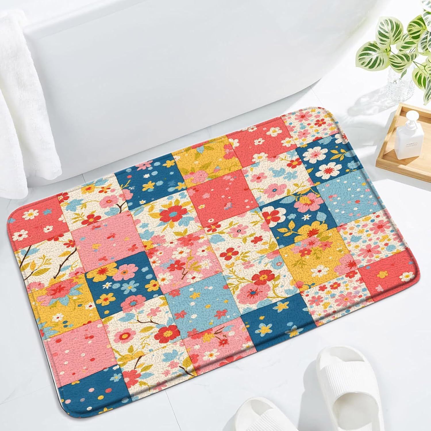 Boho Floral Patchwork Bath Mat 16x24 Inch