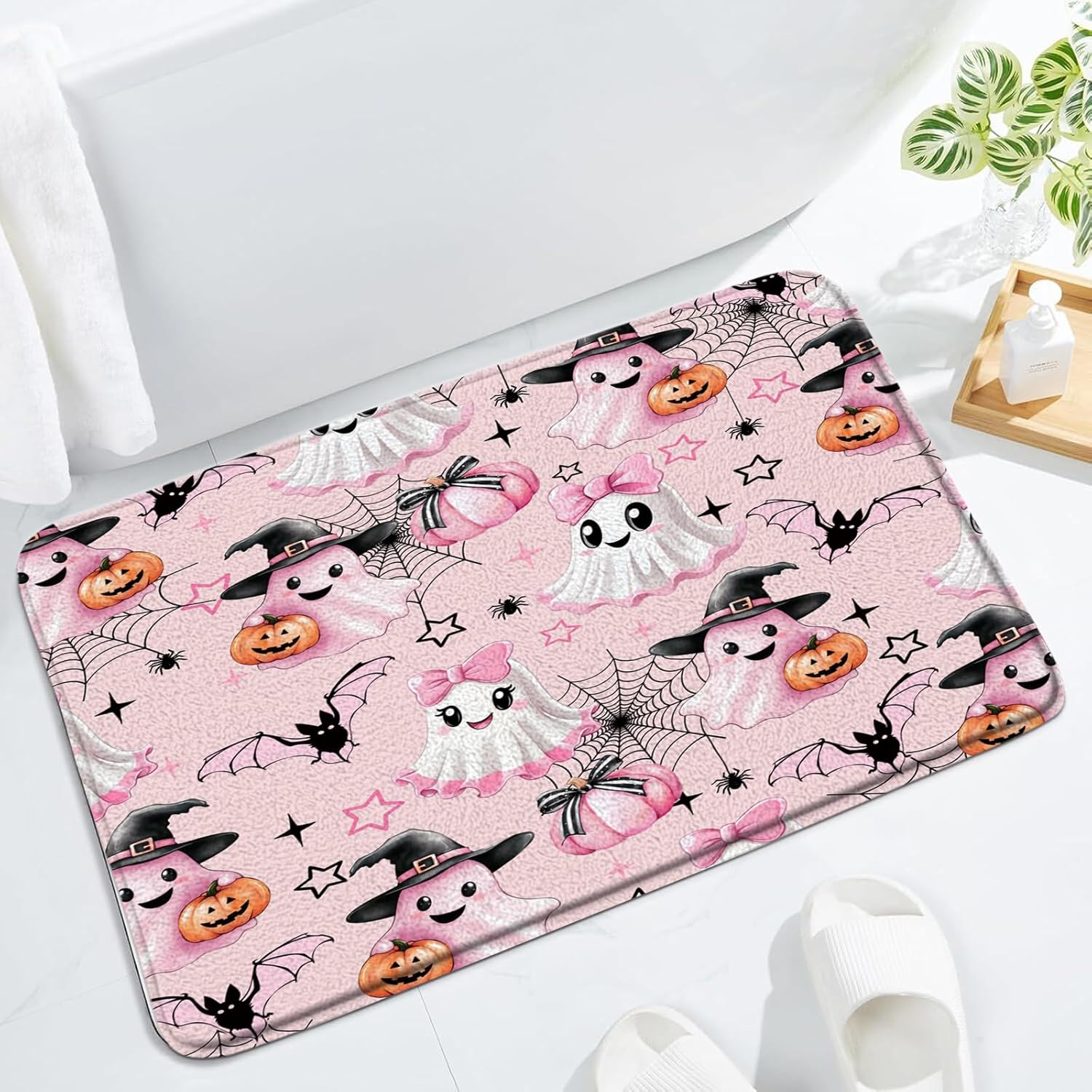 Spooky Halloween Bath Mat with Bowknot and Wizard Hat 1