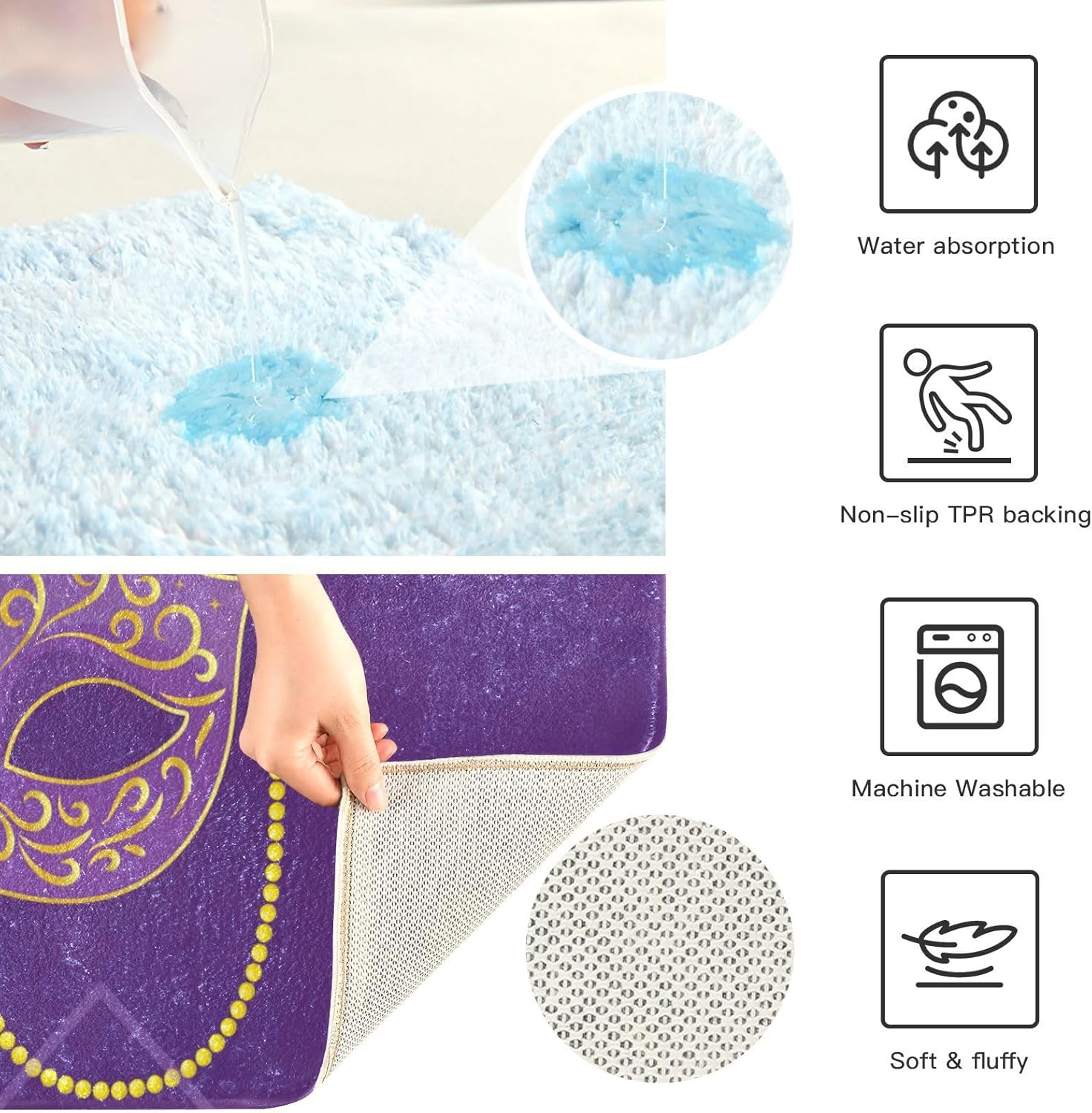 YETTASBIN Mardi Gras Mask Bath Mat Set 1