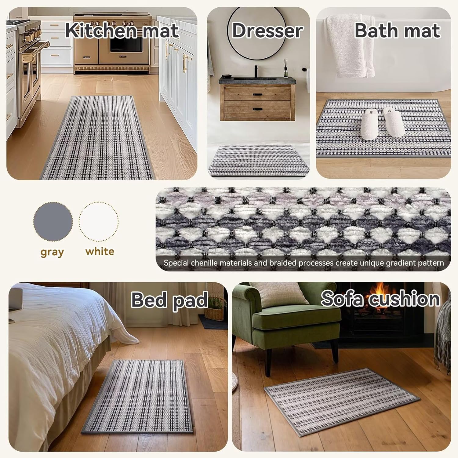 YDKGL Soft Chenille Bath Mat - Non Slip Quick Dry 16x24 Grey