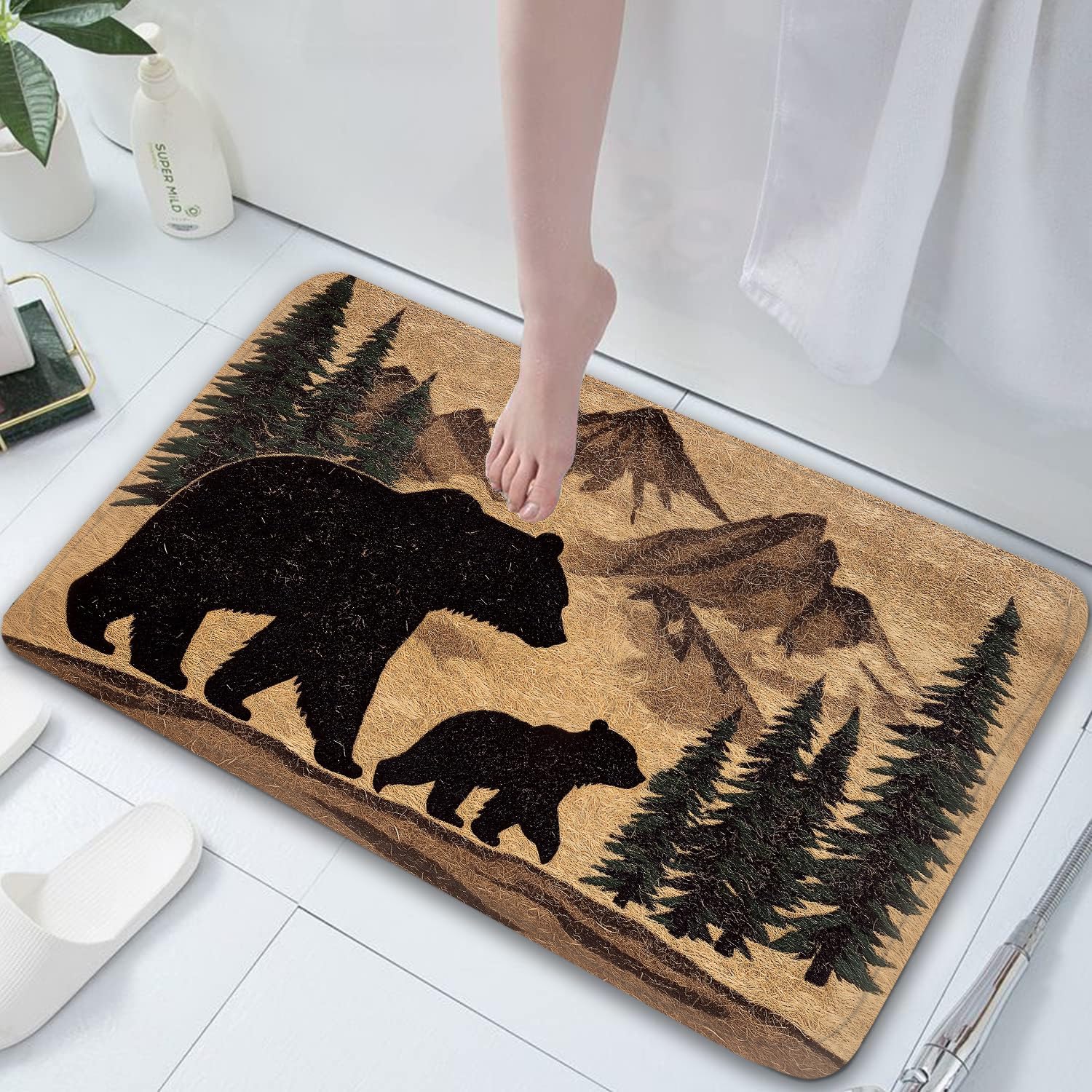 JAWO Rustic Farmhouse Bear Forest Bath Mat 16x24 Non-Slip
