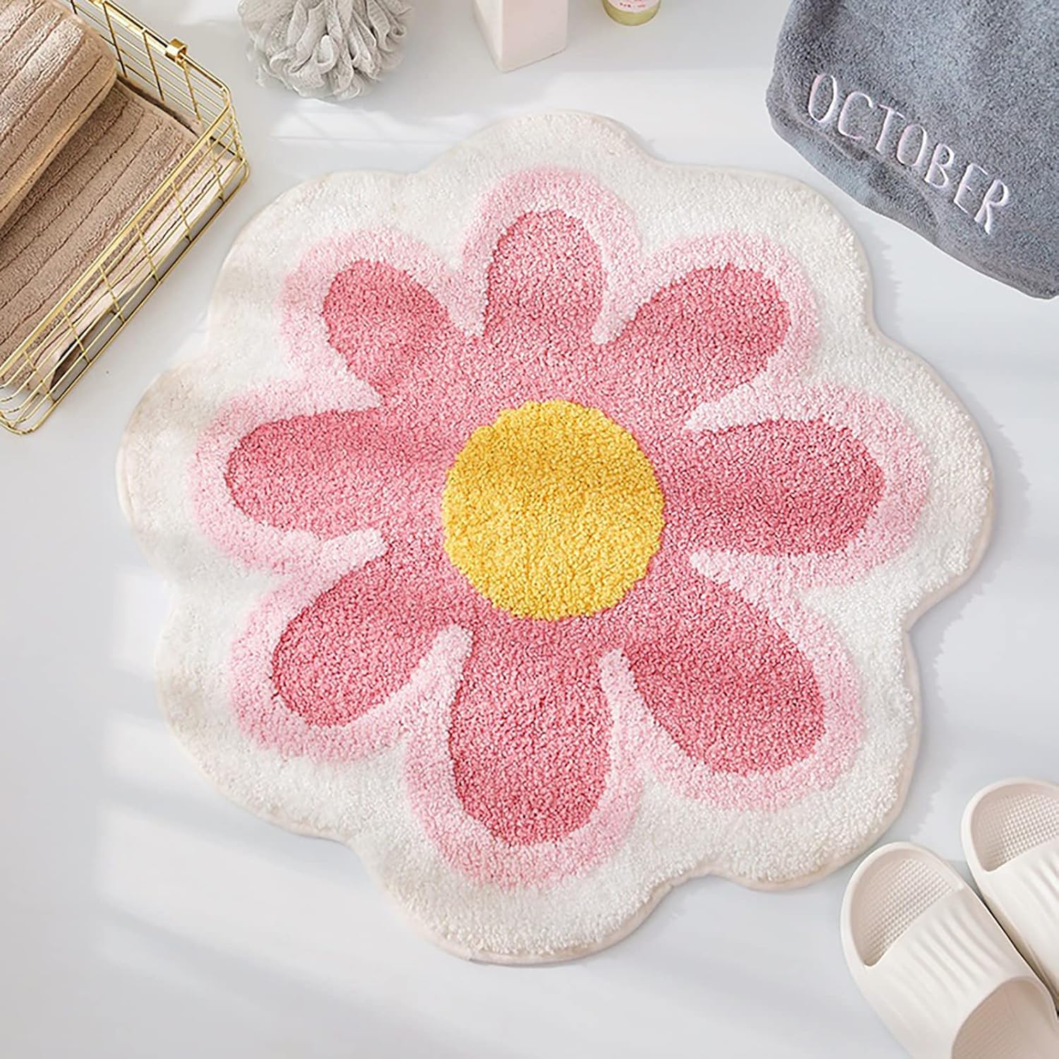 Cute Daisy Bath Mat Rug - Non Slip Absorbent Washable Blue
