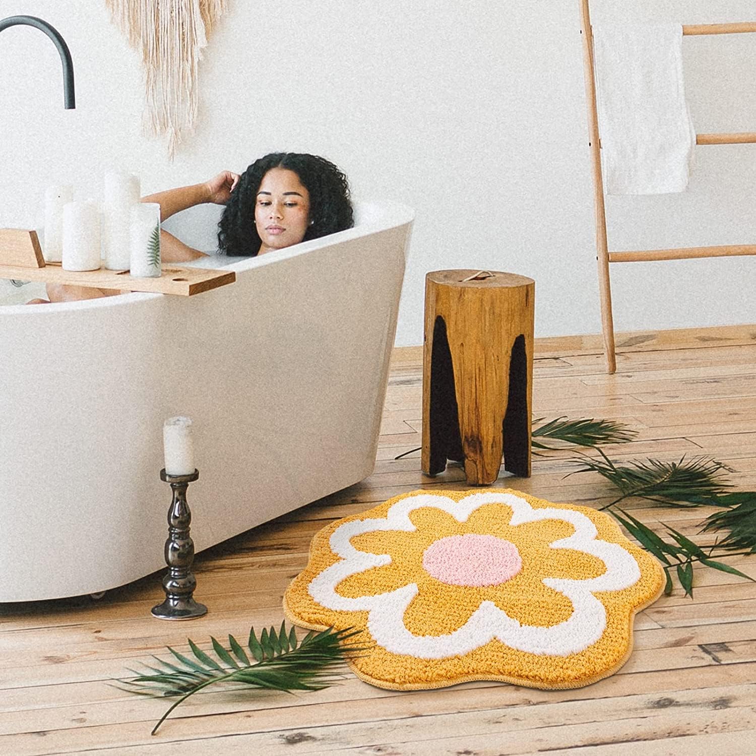 Benemall Cute Bath Flower Non-Slip Rug - Yellow Low Pile