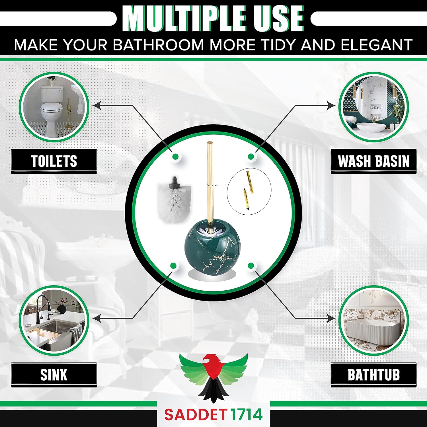 Green Marble Toilet Brush Holder with 2 Brushes