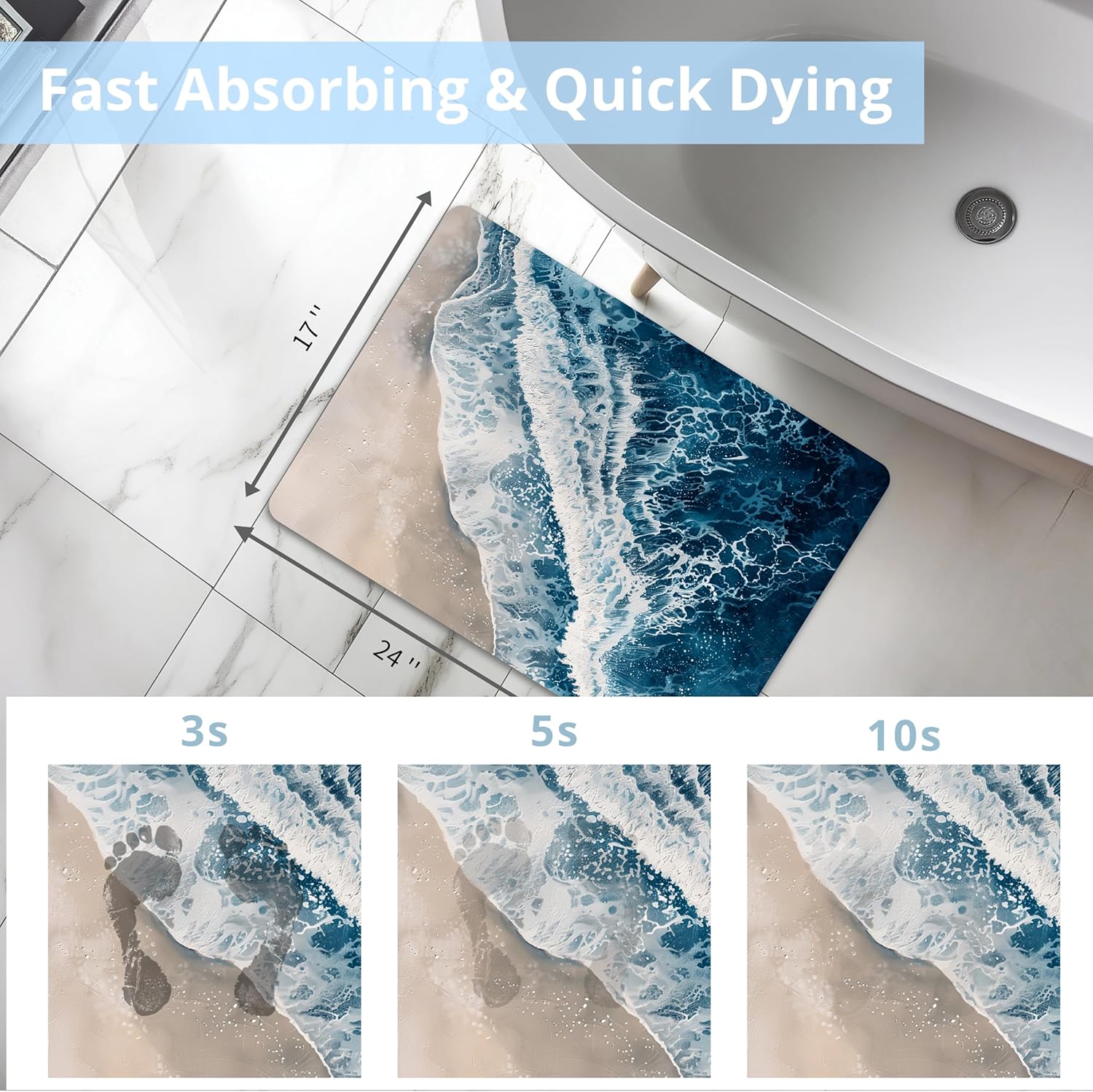 Palettease Bathroom Mat Rug with Ocean Sea Wave Pattern 17x24 in