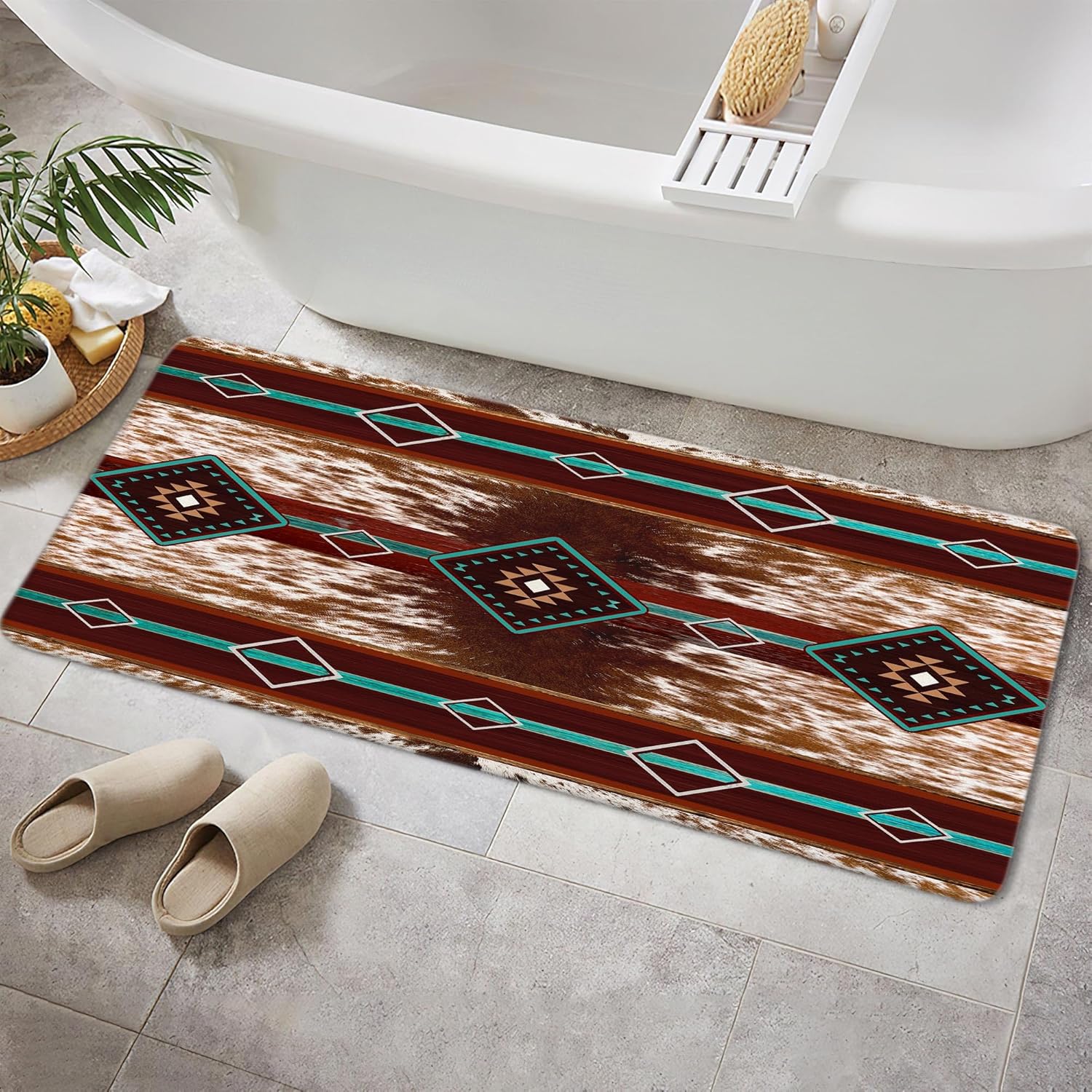JAWO Western Aztec Bath Mat Red Brown Faux Cowhide Pattern
