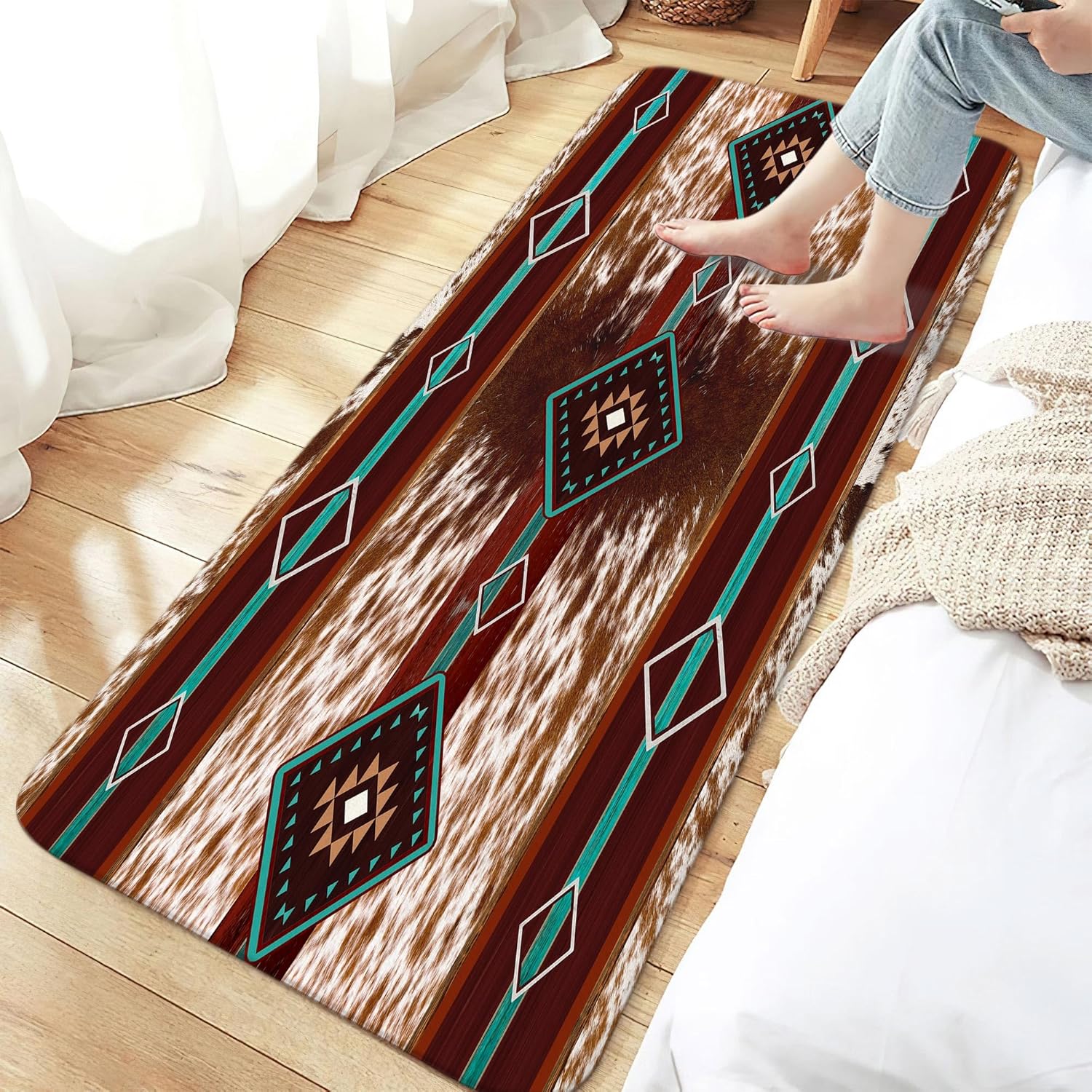 JAWO Western Aztec Bath Mat Red Brown Faux Cowhide Pattern